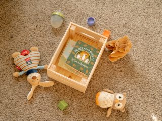 a wooden box with two stuffed animals on the floor